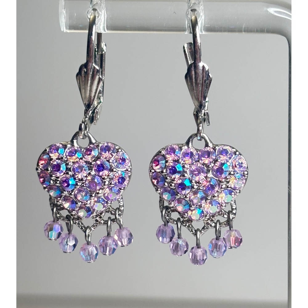 Kirks Folly Purple AB Crystal Heart Dangle Leverback Earrings Silver Tone